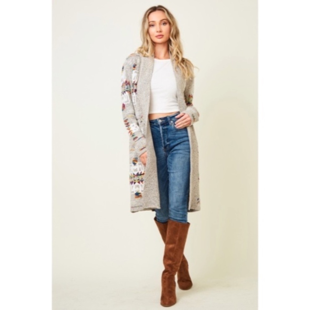SOLD OUT Oatmeal Rainbow Multi Colored Aztec Tribal Jacquard Open Knit Cardigan - Picture 7 of 10